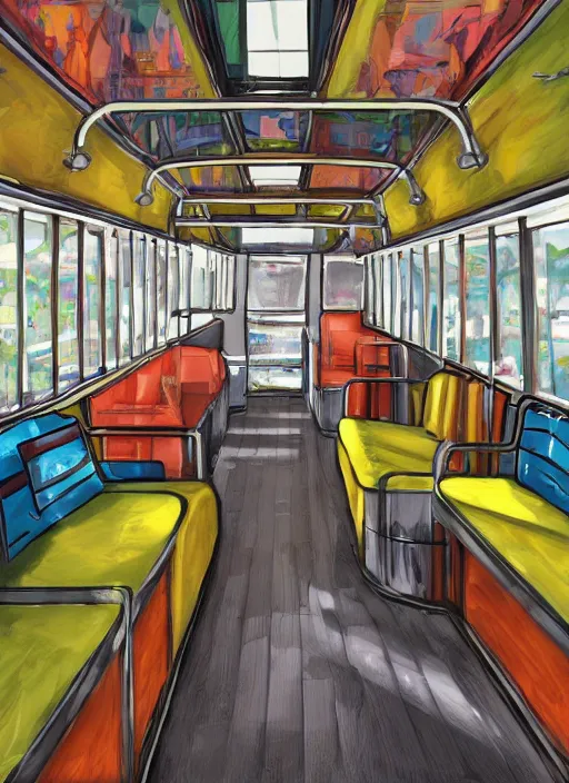 Image similar to interior design of a schoolie, mid - century modern converted school bus interior design by philippe starck and victoria hagan, detailed digital painting masterpiece, gorgeous, 4 k