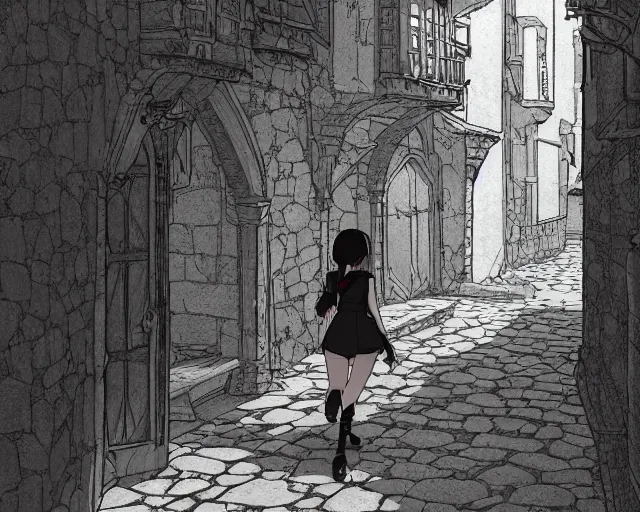 Image similar to anime still frame of a young female walking through a medieval village, dynamic pose, dynamic perspective, detailed silhouette, detailed, intricate, cel shaded, minimalist. simple, manga, ilya kuvshinov