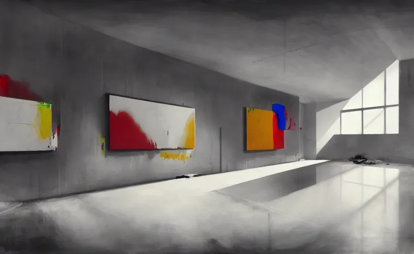 Prompt: painting of interior shot of a white concerete brutalist contemporary art museum with abstract colourful paintings hanging on the wall by darek zabrocki and greg ruthkowski, cinematic and cold atmospheric, archillect concept art, artstation, trending on artstation