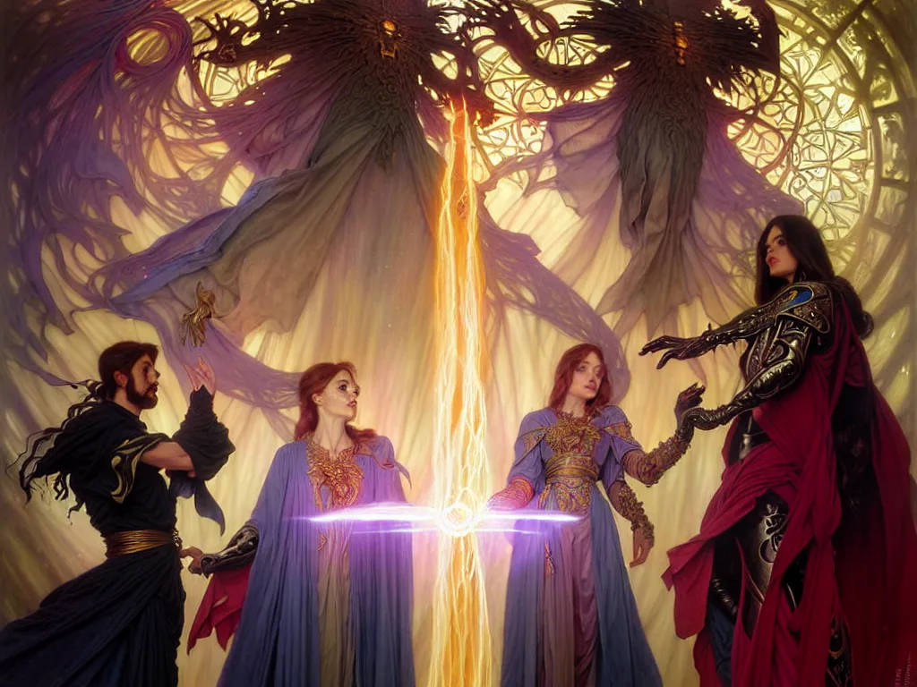 Image similar to painting of powerful stylish sorcerer and a cleric banishing the darkness and its abominations with a rainbow spell, ultra realistic, concept art, intricate details, eerie, highly detailed, photorealistic, octane render, 8 k, unreal engine. art by artgerm and greg rutkowski and magali villeneuve and alphonse mucha