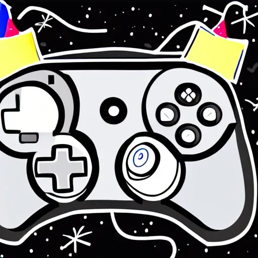 Image similar to Digital drawing of a controller with a cartoon face and a birthday hat, white backgound