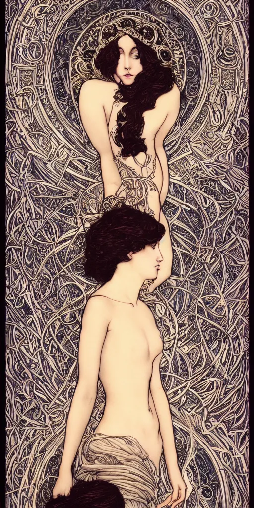 Image similar to goddess, masterpiece , cinematic, powerful, moon beams dramatic light, highly, intricate elements, hollow souls, detailed, digital painting, artstation, concept art, sharp focus, illustration, dynamic art by Raphael Kirchner and Margaret Macdonald Mackintosh and Mitch Foust, john waterhouse