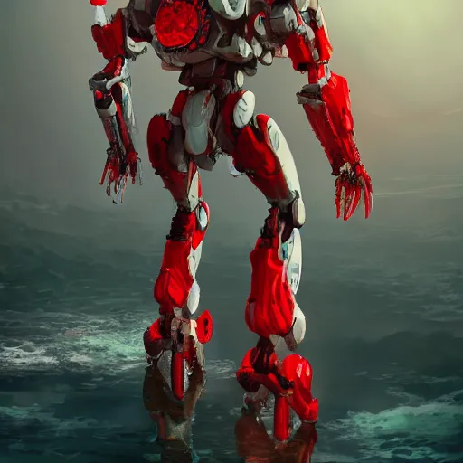 Prompt: bipedal mech standing in water red and white accents volumetric light intricate complex machine ultra detailed sharp focus coherent artstation