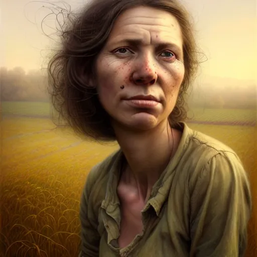 Image similar to full body portrait of a female farmer, untidy hair, highly detailed, dirty face, next to a red barn, digital painting, artstation, concept art, soft focus, depth of field, artgerm, tomasz alen kopera, peter mohrbacher, donato giancola, joseph christian leyendecker, wlop, boris vallejo