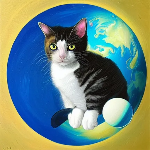 Prompt: A cat sitting on the top of planet earth in space, oil painting, trending on artstation