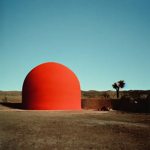 Image similar to a man in neon colored clothing standing outside a Non-Euclidean orb-like clay house sitting in the desert, vintage photo, beautiful cinematography, blue sky, film grain, James Turrell