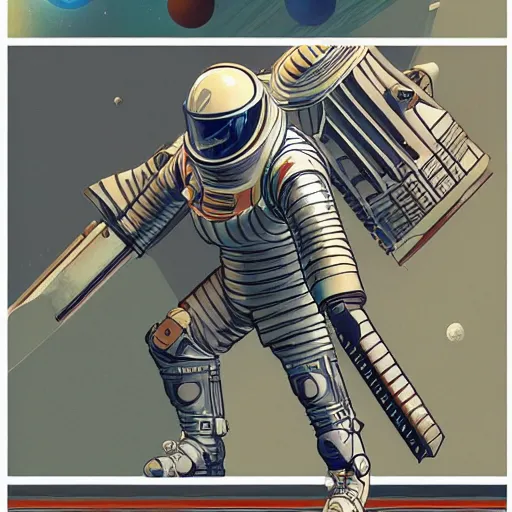 Prompt: a crusader knight in armor on the moon in no man's sky styles : cloisonnism, syd mead, moebius