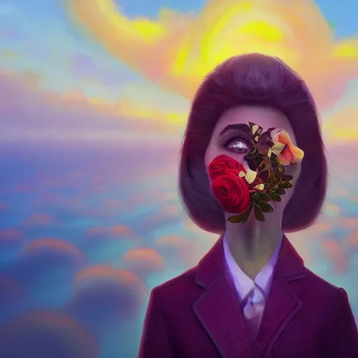 Image similar to closeup, giant rose flower face, frontal, girl in a suit, surreal photography, sunrise, dramatic light, impressionist painting, digital painting, artstation, simon stalenhag