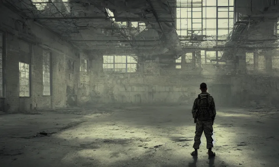 Prompt: A soldier standing in an abandoned industrial factory, long shot from back, digital art, high quality, trending on artstation