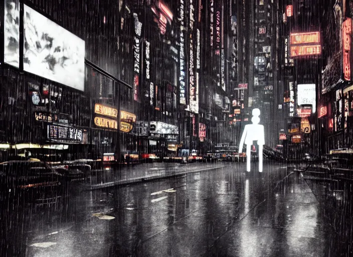 Prompt: a kodachrome photo of a tall huge metallic cyborg droid with glowing lights and sparks and lightning flying from inside, running sprinting on a rainy night in the city in the 1 9 5 0's, dramatic, seen from a distance, canon 5 0 mm, cinematic lighting, film, photography, award - winning, neon, cyberpunk, blade runner