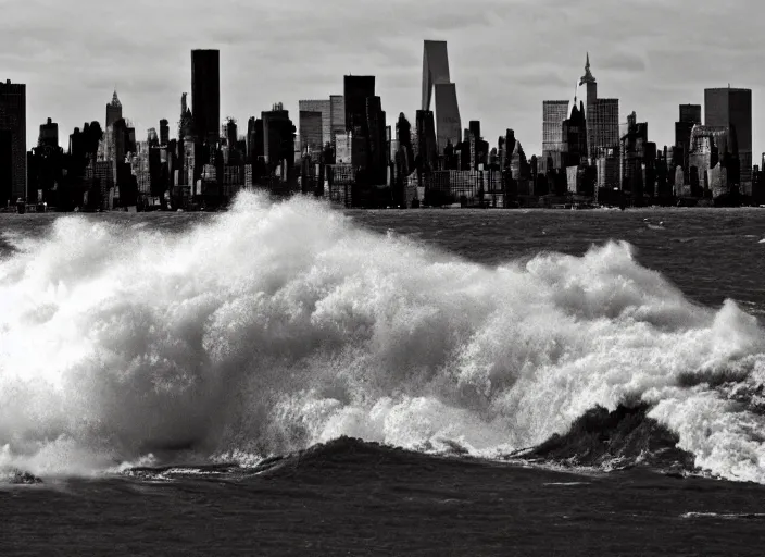 Prompt: Photograph of a tsunami crashing on the Manhattan skyline