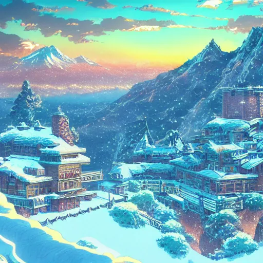 Image similar to the aesthetic view of the beautiful, grand, wistful, dreamy snowcapped mountain at dusk, hyperrealistic anime illustration by iralki nadar, colorful, extremely detailed, intricate linework, super sharp focus, bright colors, octopath traveler, studio ghibli, unreal engine 5 highly rendered, global illumination, radiant light, detailed and intricate environment