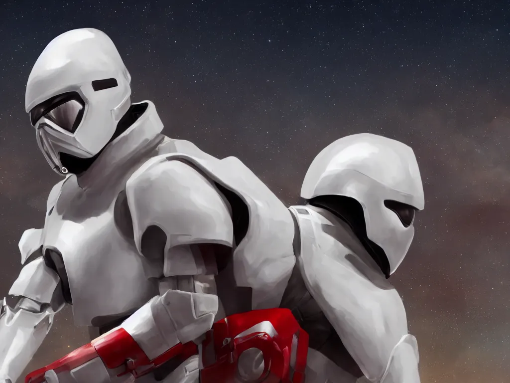 Image similar to gigachad space trooper in glossy sleek white armor with small red details, no helmet, long red cape, heroic posture, firing laser rifle, on the surface of mars, explosions in the background, night time, dramatic lighting, cinematic, sci-fi, hyperrealistic, movie still