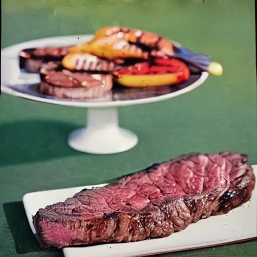 Prompt: a delicious oozing grilled steak walking about in the backyard in the 50s, colorful
