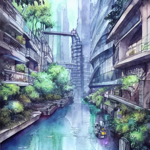 Prompt: Narrow cosy waterway in futuristic sci-fi city in harmony with nature. Nice colour scheme, soft warm colour. Beautiful detailed watercolor by Lurid. (2022)