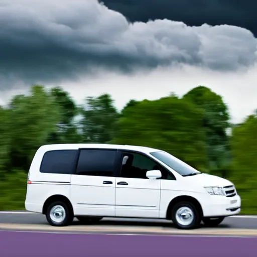 Image similar to white minivan driving away from a purple tornado