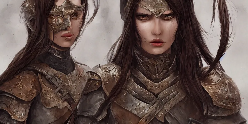 Image similar to 2 5 years old women : : dark straight hair : : brown medieval cloting, light armor, natural materials : : high detail, digital art, illustration, realistic, rpg, fantasy