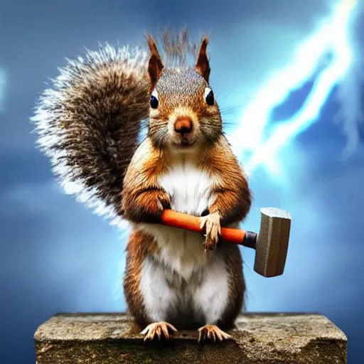 Image similar to a squirrel with thor outfit ~ holding his hammer ~ dramatic thunder background ~ trending ~