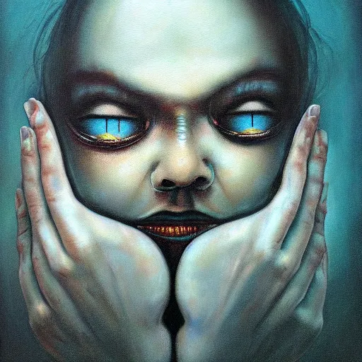 Image similar to dramatic portrait painting of woman with large crying eyes with black mandelbrot fractal instead of face, in style of zdzisław beksinski, horror, body horror, dark, disturbing,