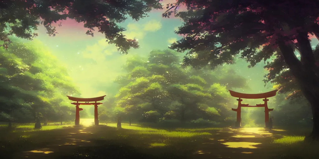 Prompt: beautiful anime painting of a magical forest, torii, shrine, nighttime, by makoto shinkai, koto no ha no niwa, artstation, atmospheric.