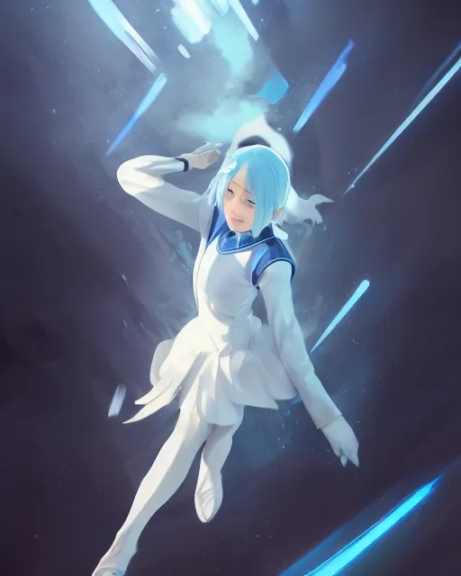 Image similar to a pale korean girl with white hair wearing a blue outfit with blades hovering around her, full shot, perfectly shaded body, atmospheric lighting, detailed face, by makoto shinkai, stanley artgerm lau, wlop, rossdraws