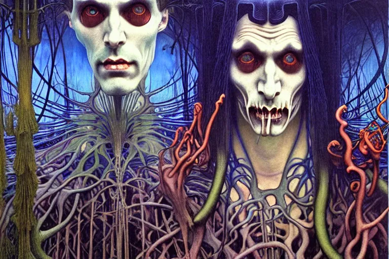 Image similar to realistic extremely detailed portrait painting of an elegantly creepy vampire man dressed as dracula, futuristic sci-fi forest on background by Jean Delville, Amano, Yves Tanguy, Alphonse Mucha, Ernst Haeckel, Edward Robert Hughes, Roger Dean, rich moody colours, blue eyes