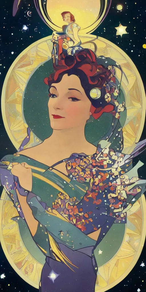 Prompt: an art deco painting with an elegant border, of a woman dressed in clothes made of outer space, she is pouring stars into a galaxy, illustrated by tamara de lempick, georges lepape and by alphonse mucha | studio lighting | digital painting, stunning lighting, trending on artstation