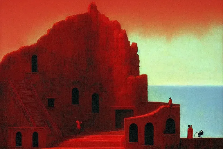 Image similar to only with red, a red great emperor, taormina amphitheatre, expressive crowd hails him, in the style of beksinski, parts by edward hopper, parts by rodcenko, parts by yue minjun, intricate and epic composition, red by caravaggio, insanely quality, highly detailed, masterpiece, red light, artstation, 4 k