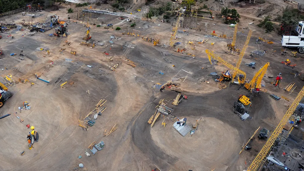 Prompt: Construction workers building the solar system. Extreme wide angle shot from space