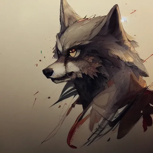 Image similar to concept art of anthropomorphized wolf, highly detailed painting by dustin nguyen, akihiko yoshida, greg tocchini, 4 k, trending on artstation, 8 k