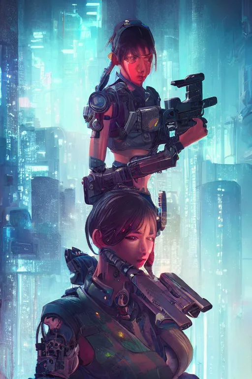 Image similar to beautiful portrait of a cyborg mercenary girl holding a rifle, art by wlop, artgerm, liam wong, cyberpunk, neon, intricate details, trending on artstation, sharp focus, caustics, octane render, radiant light, 4 k