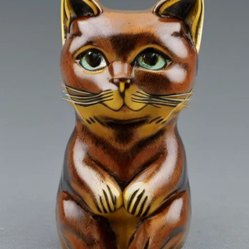 Prompt: elegant anthropomorphic cat figurine wearing a kimono, cast brown resin, toggles, very highly detailed, intricate, monotone, shy looking down