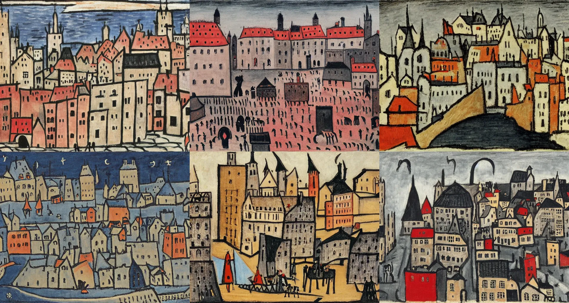 Prompt: Cityscape in the Middle Age, by Alfred Wallis and Anton Vidokle