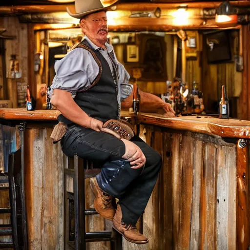 Prompt: a very short gunslinger sitting on a bar stool in a western saloon near other patrons, photograph