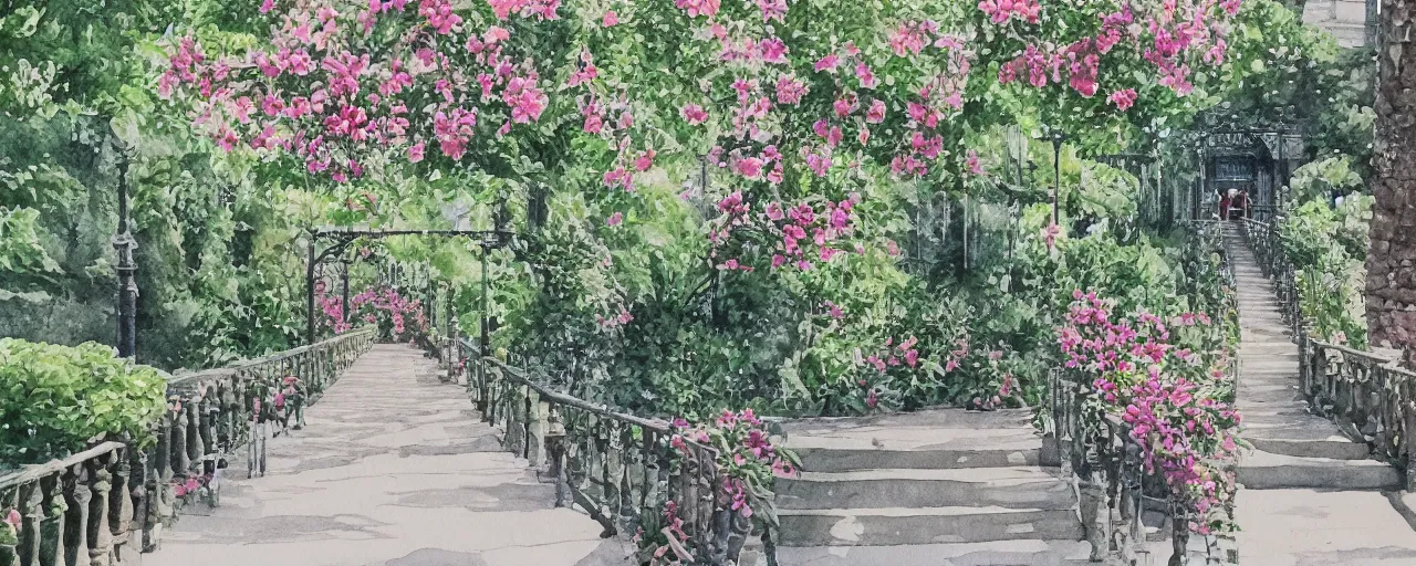 Image similar to isomeric view, railing, stairway, chairs, delicate water in a botanic garden, garden road, sparrows, temple in a botanical herbarium paper, watercolor colored painting, iridescent colors, 8 k, realistic shaded, fine details, artstation, italian style, colonnade, huge flowers, architecture