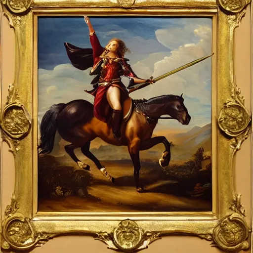 Image similar to beyonce riding a horse with a sword chasing a tribe of eric claptons, baroque style painting, well lit, highly detailed