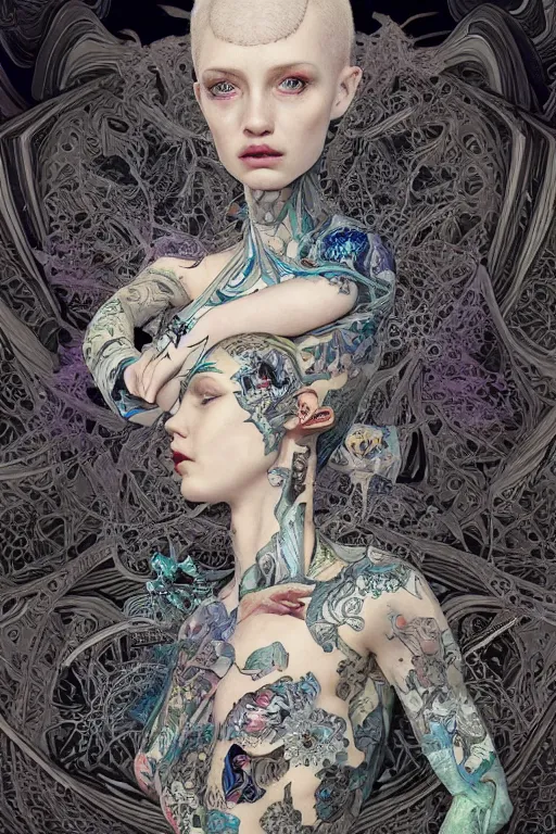 Prompt: A fractal Mesmerizing 8k hyperrealistic Photo Portrait of a pale skinned human with a tattoo by Joe Fenton that is transforming into iridescent geometry, cyberpunk, Surrounded by Mist, highly detailed, intricate, sci-fi, sharp focus, subsurface scattering, art by Ayami Kojima, artgerm, Greg Tocchini, Alphonse Mucha, Yoshitaka Amano