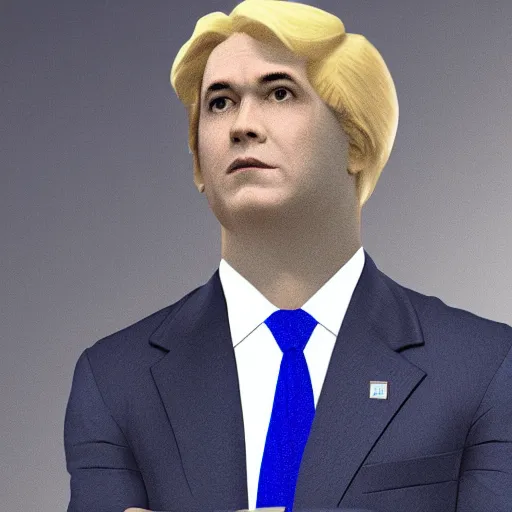 Image similar to a conservative male politician wearing blue clothes, face without smile, hyper realistic