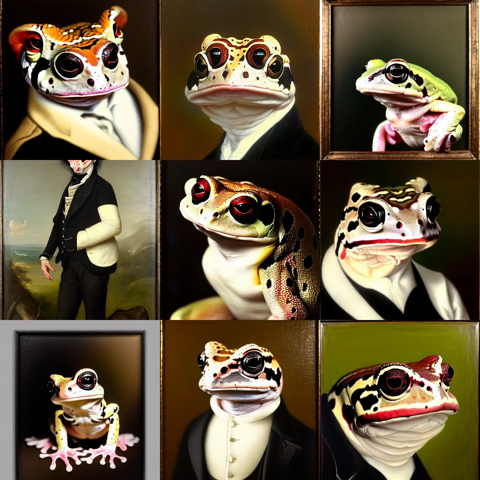 Prompt: a head - and - shoulders portrait of an amazon milk frog looking off camera wearing a black buttoned jacket and white waistcoat, an american romanticism painting, a portrait painting, cgsociety, soft focus, oil on canvas