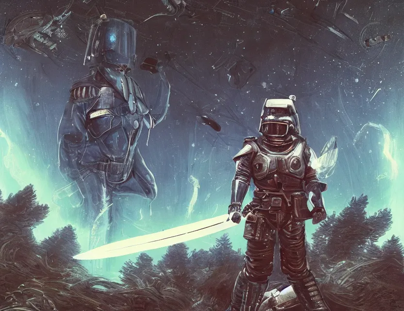 Image similar to a detailed portrait painting of a bounty hunter wearing a reflective visor, standing in a forest holding a weapon, spacecraft flies in the distance. cinematic sci-fi poster. Flight suit, cloth and metal, accurate anatomy. Samurai influence, knight influence. fencing armour. portrait symmetrical and science fiction theme with lightning, aurora lighting. clouds and stars. Futurism by moebius beksinski carl spitzweg moebius and tuomas korpi. baroque elements. baroque element. intricate artwork by caravaggio. Oil painting. Trending on artstation. 8k