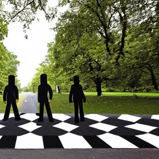 Prompt: a photo of four chess pieces with legs walking across a pedestrian crossing, like beatles abbey road, perspective, trees in the background