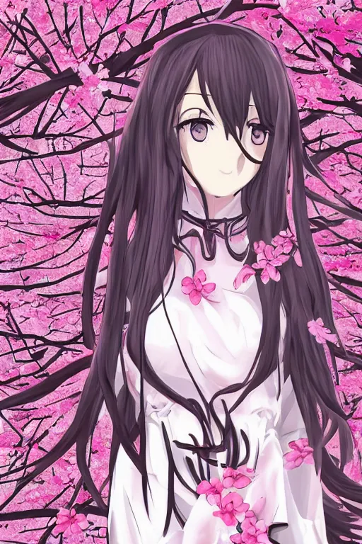 Image similar to anime girl, anime style drawing, cherry blossom in the background