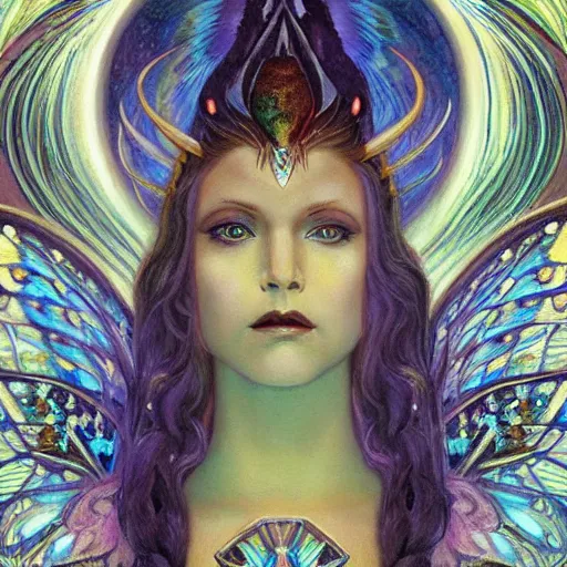 Image similar to beautiful closeup portrait of an art deco fairy queen, glowing eyes. reflective detailed textures, moth wings, highly detailed dark fantasy science fiction painting by donato giancola and nicholas roerich, elaborate geometric ornament, ancient runes, silver and cool colors. artstation