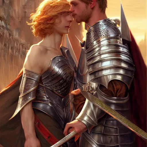 Image similar to attractive arthur pendragon and his favourite attractive male knight, they are in love, camelot, natural lighting, path traced, highly detailed, high quality, digital painting, by gaston bussiere and ross tran and j. c. leyendecker