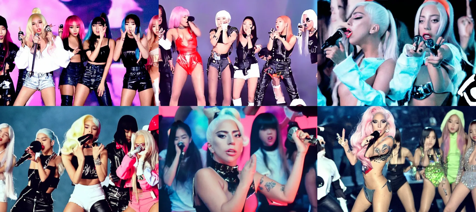 Prompt: action shot of lady gaga holding a microphone rapping pointing at the camera with blackpink, 90s music video MTV, cinémascope, epic ultrawide shot