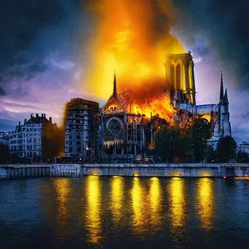 Image similar to “minions laughing as the Notre dame burns behind them, 4k, digital art, award winning”