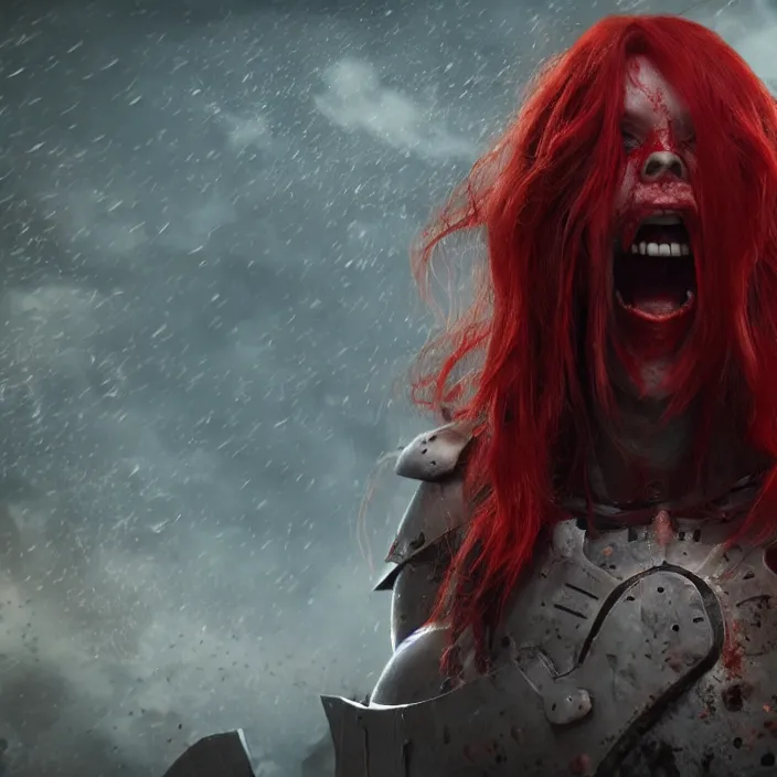 Image similar to a girl with a long red hair wearing a full-body red plate armor screaming in a battlefield, horror picture, hyperrealistic, concept art, octane render, unreal engine 5, 8K HDR, highly detailed, high quality, fantasy armor