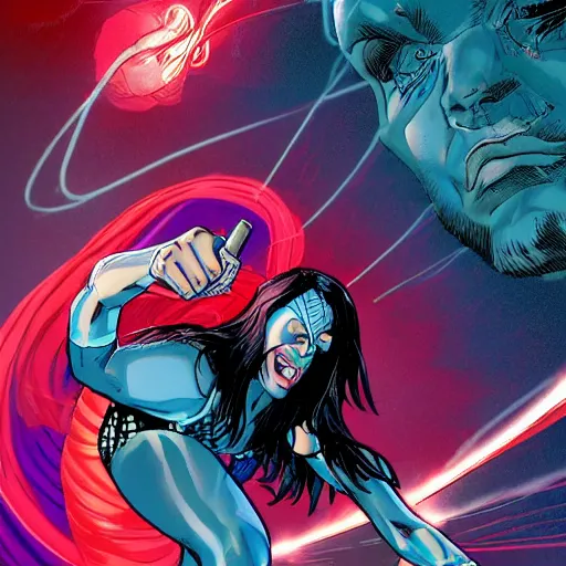 Prompt: elektra fighting the silver surfer, in style of bill sienkiewicz, vibrant cosmos, katana, surfboard, highly detailed, 8k,