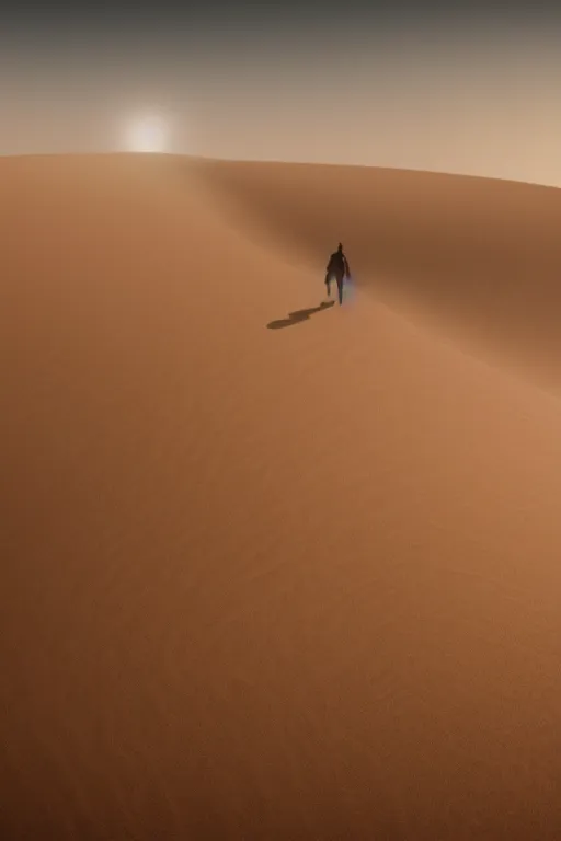 Prompt: Silhouettes of human figures, caravan on a high dune in the desert before a sandstorm, highly detailed, dusty and dark, hyper-realistic environment,Epic concept art. Octane render and Unreal Engine