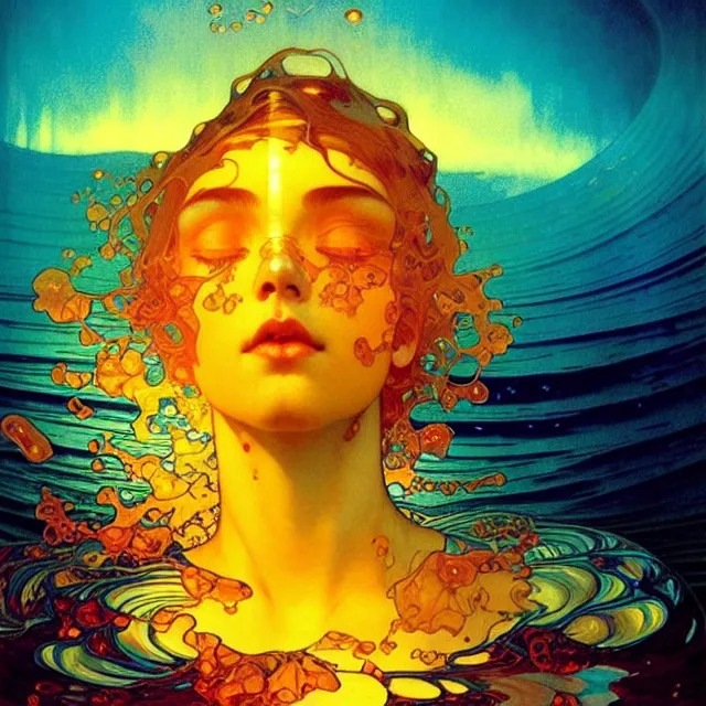 Image similar to mind bending indigo ocean waves of glossy psychedelic liquid honey drops flowing like kaleidoscopic translucent amber, lsd waves ripples, crystal clear, backlit, sunset, refracted lighting, art by collier, albert aublet, krenz cushart, artem demura, alphonse mucha